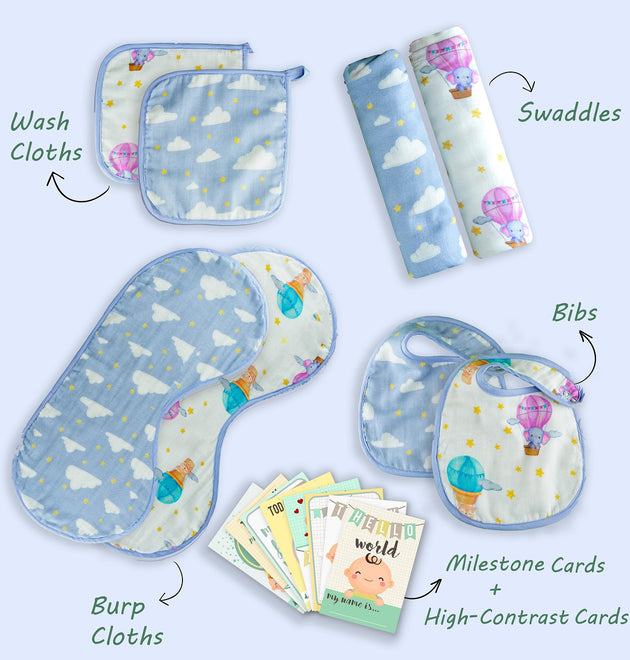 Newborn Essentials Gift Set- Sky is the Limit| Set of 8