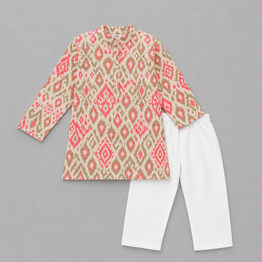 Boys Kurta Set- Pink Ikkat