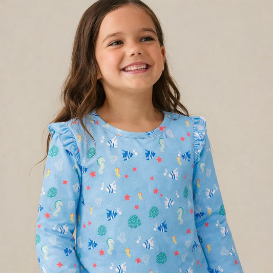 Girls Cotton Full-Sleeve Top- Green Stripes & Underwater- Pack of 2