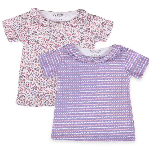 Girls Cotton Half-Sleeve Top- Blossom & Purple Hearts- Pack of 2