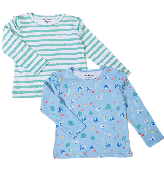 Girls Cotton Full-Sleeve Top- Green Stripes & Underwater- Pack of 2
