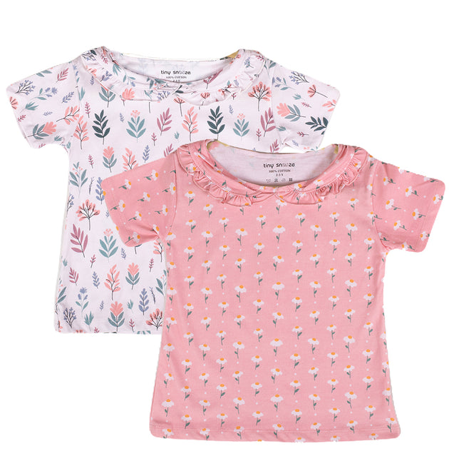 Girls Cotton Half-Sleeve Top- Pastel Leaves & Dandelions- Pack of 2