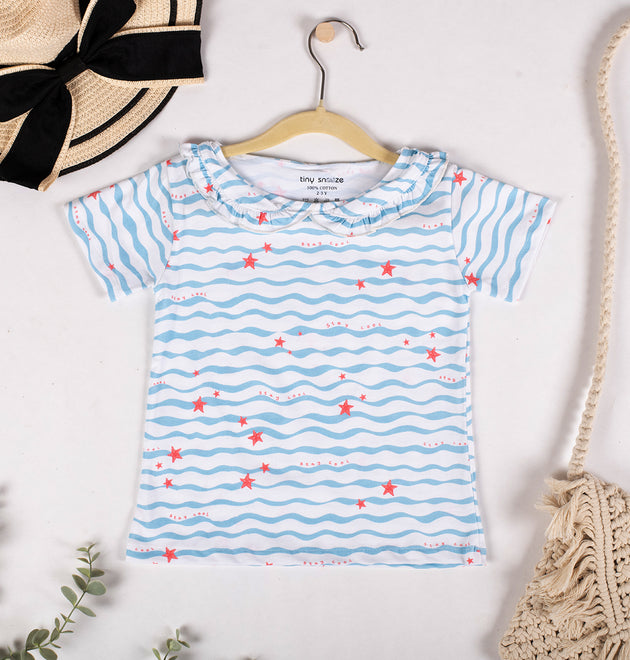 Girls Cotton Half-Sleeve Top- Waves