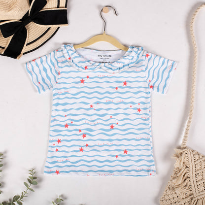 Girls Cotton Half-Sleeve Top- Waves