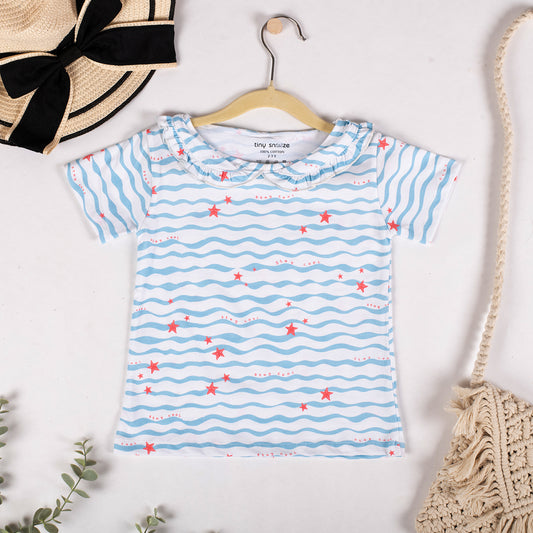 Girls Cotton Half-Sleeve Top- Waves