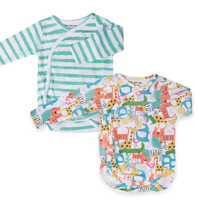 Kimono Bodysuits- Colorful Animals & Green Stipes- Pack of 2