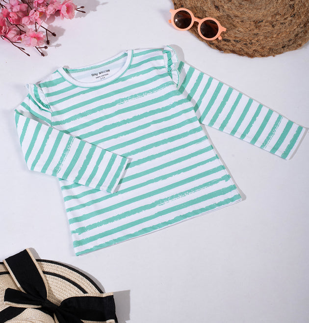 Girls Cotton Full-Sleeve Top- Green Stripes