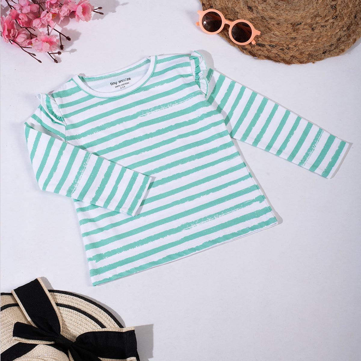 Girls Cotton Full-Sleeve Top- Green Stripes