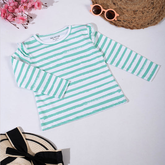 Girls Cotton Full-Sleeve Top- Green Stripes