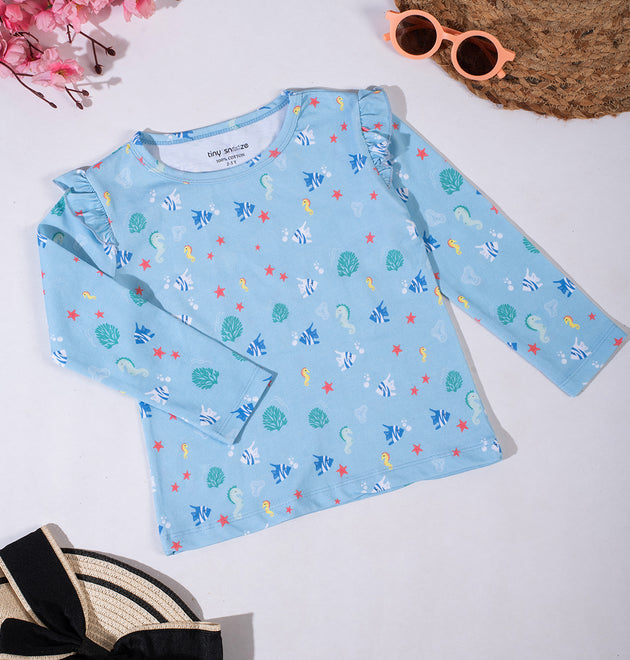 Girls Cotton Full-Sleeve Top- Green Stripes & Underwater- Pack of 2