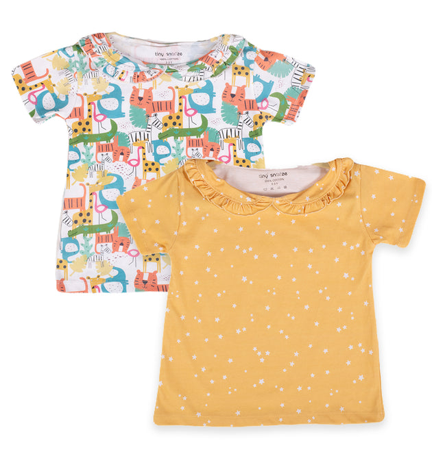 Girls Cotton Half-Sleeve Top- Colorful Animals & Yellow Sky- Pack of 2