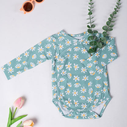 Cotton Kimono Bodysuit- Green Flowers