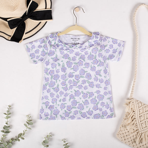 Girls Cotton Half-Sleeve Top- Purple Flowers