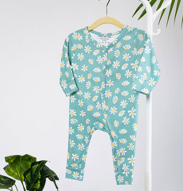 Cotton Sleepsuit- Green Flowers