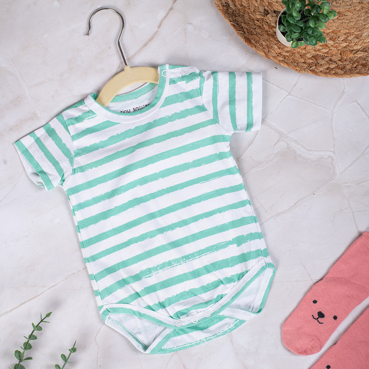 Cotton Bodysuit- Green Stripes