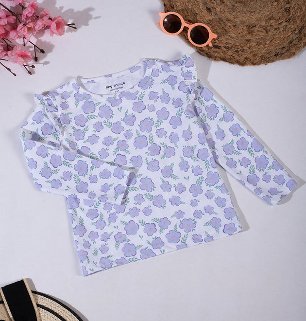 Girls Cotton Full-Sleeve Top- Purple Flowers