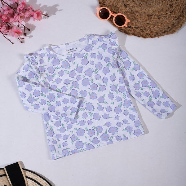 Girls Cotton Full-Sleeve Top- Purple Flowers