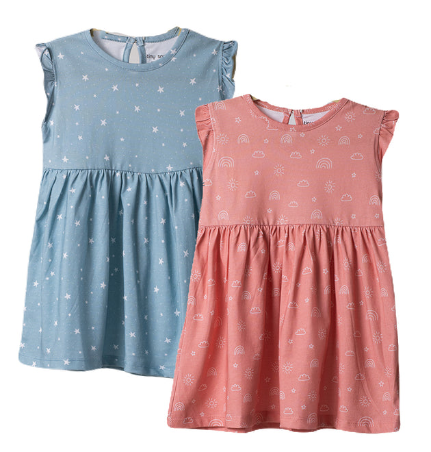 Girls Cotton Frock- Grey Sky & Magical Sky- Pack of 2