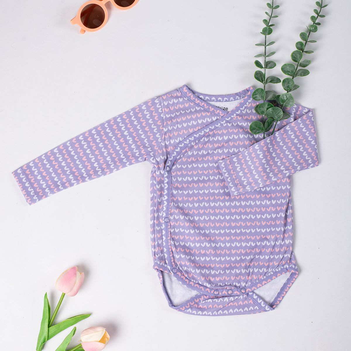 Cotton Kimono Bodysuit- Purple Hearts