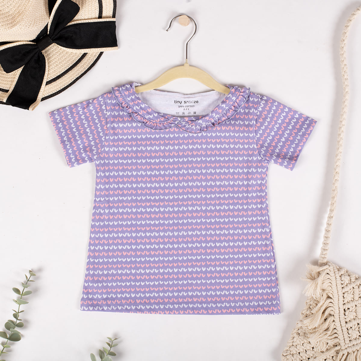 Girls Cotton Half-Sleeve Top- Blossom & Purple Hearts- Pack of 2