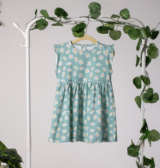 Girls Cotton Frock- Green Flowers