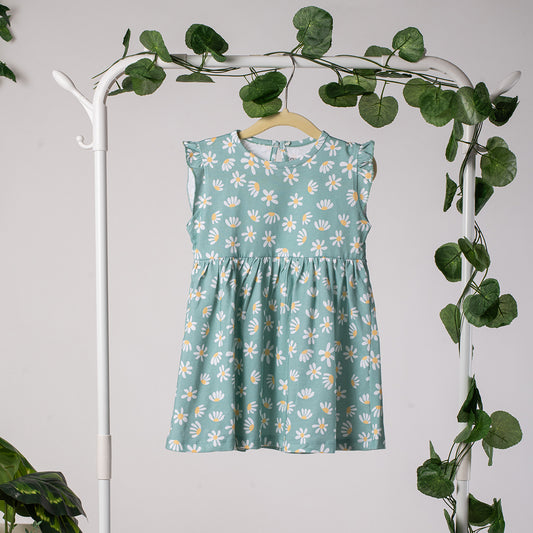 Girls Cotton Frock- Green Flowers