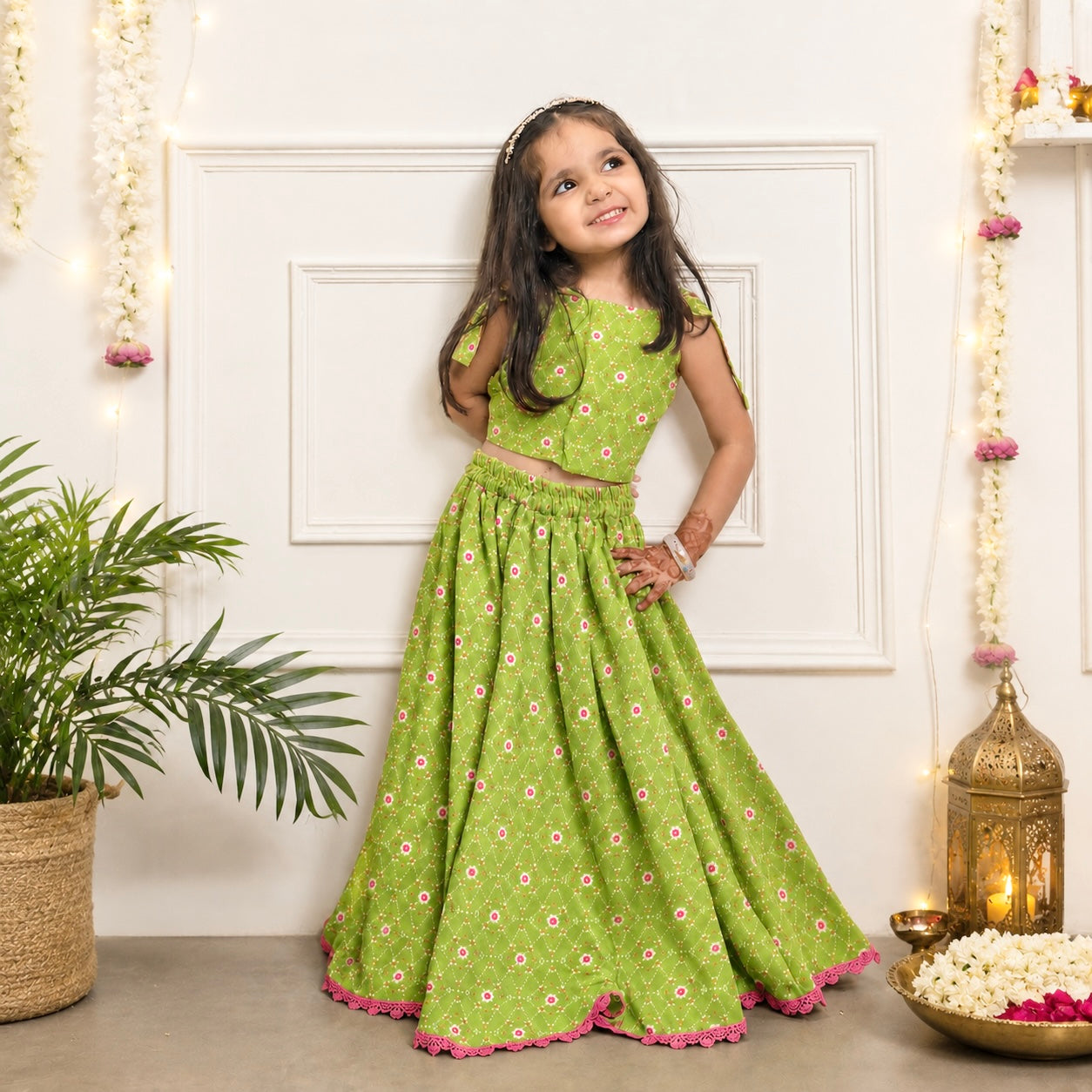 Girls Lehenga Set- Green Bandhani
