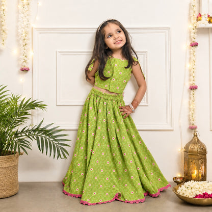 Girls Lehenga Set- Green Bandhani