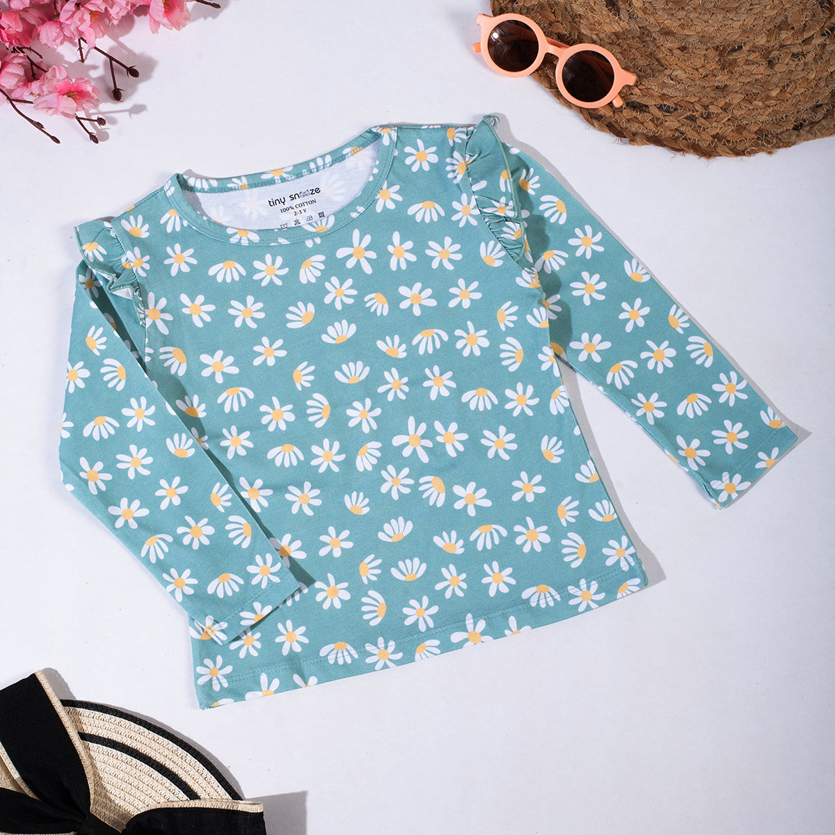Girls Cotton Full-Sleeve Top- Green Flowers