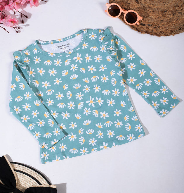 Girls Cotton Full-Sleeve Top- Green Flowers