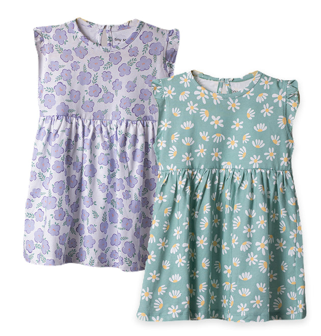 Girls Cotton Frock- Green & Purple Flowers- Pack of 2