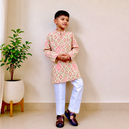 Boys Kurta Set- Pink Ikkat