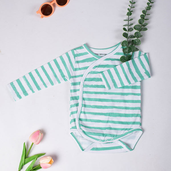 Cotton Kimono Bodysuit- Green Stripes