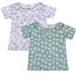 Girls Cotton Half-Sleeve Top- Green & Purple Flowers- Pack of 2