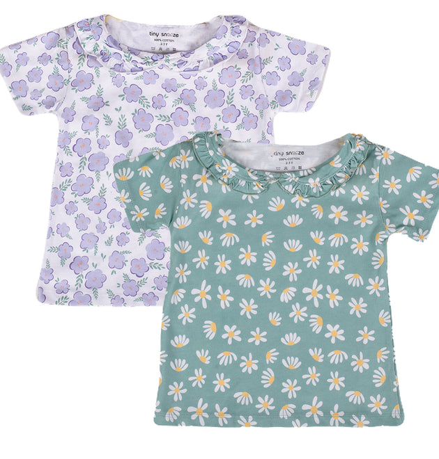 Girls Cotton Half-Sleeve Top- Green & Purple Flowers- Pack of 2
