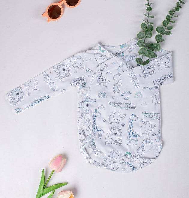 Cotton Kimono Bodysuit- Grey Animals