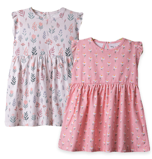 Girls Cotton Frock- Pastel Leaves & Dandelions- Pack of 2