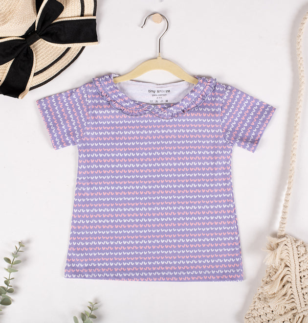 Girls Cotton Half-Sleeve Top- Blossom & Purple Hearts- Pack of 2