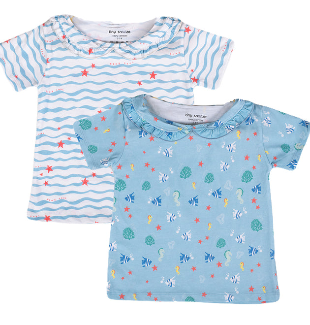 Girls Cotton Half-Sleeve Top- Waves & Underwater- Pack of 2