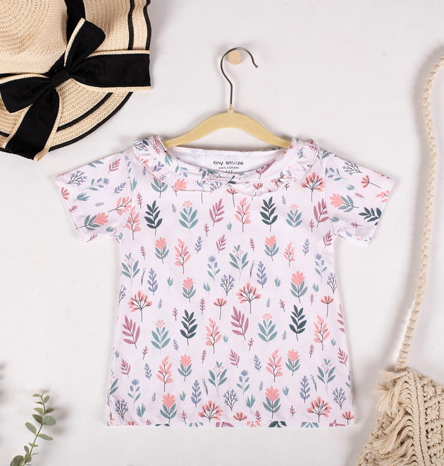 Girls Cotton Half-Sleeve Top- Pastel Leaves