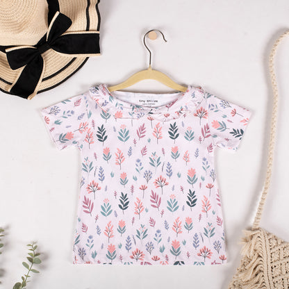 Girls Cotton Half-Sleeve Top- Pastel Leaves