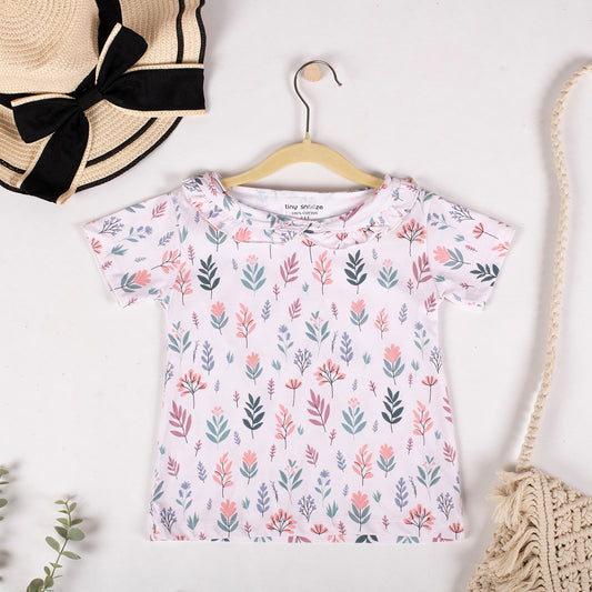 Girls Cotton Half-Sleeve Top- Pastel Leaves