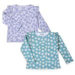 Girls Cotton Full-Sleeve Top- Green & Purple Flowers- Pack of 2