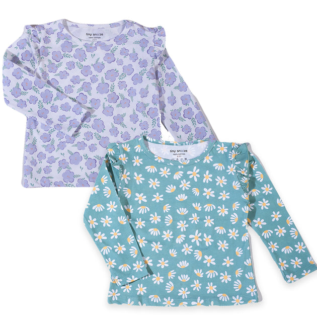 Girls Cotton Full-Sleeve Top- Green & Purple Flowers- Pack of 2