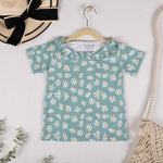 Girls Cotton Half-Sleeve Top- Green Flowers