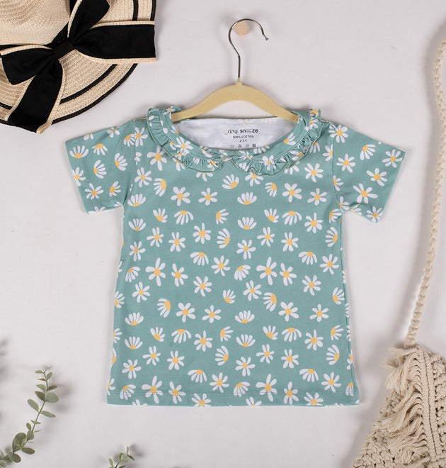 Girls Cotton Half-Sleeve Top- Green Flowers