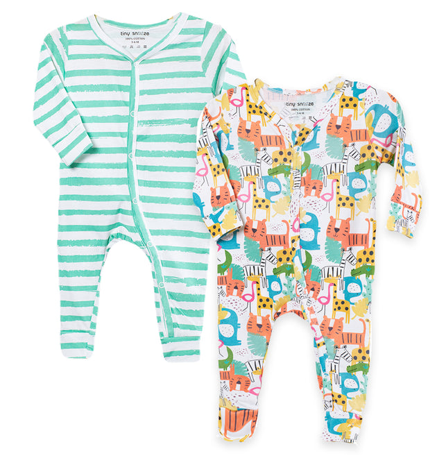 Cotton Sleepsuits- Colorful Animals & Green Stipes- Pack of 2