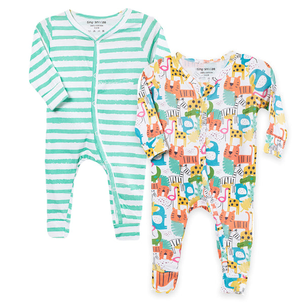 Cotton Sleepsuits- Colorful Animals & Green Stipes- Pack of 2