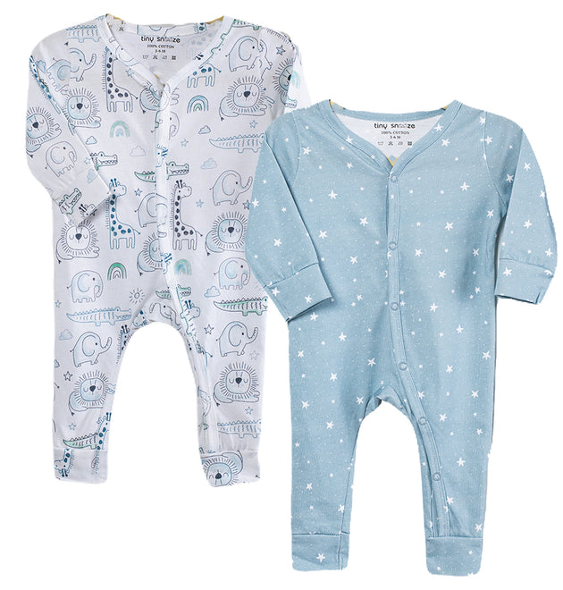 Cotton Sleepsuits- Grey Animals & Grey Sky- Pack of 2