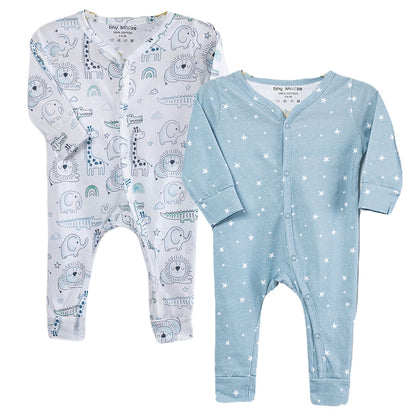 Cotton Sleepsuits- Grey Animals & Grey Sky- Pack of 2